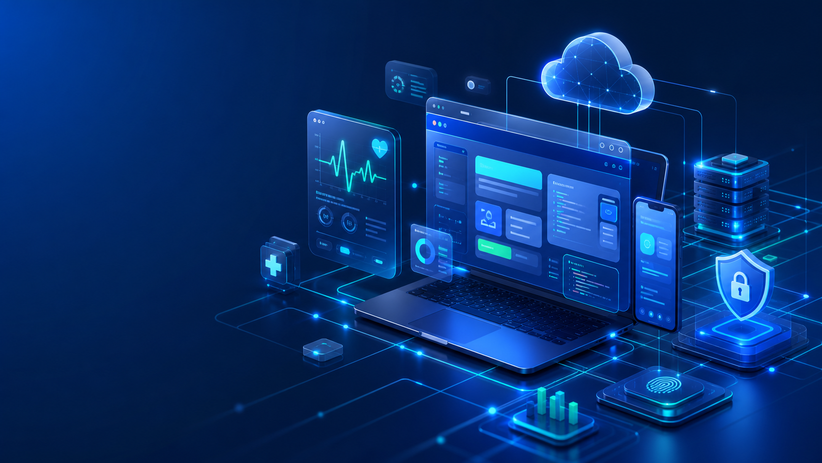 Illustration digitale de plateformes cloud, données sécurisées et interface numérique